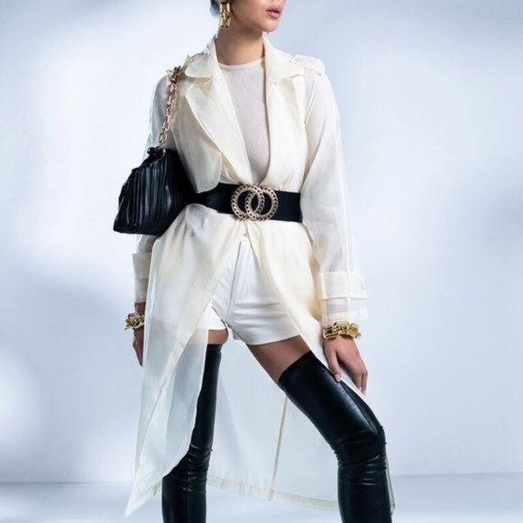 Callie Long Chiffon: Sheer Mesh Sash Trench Duster Jacket M L - Picture 8 of 11